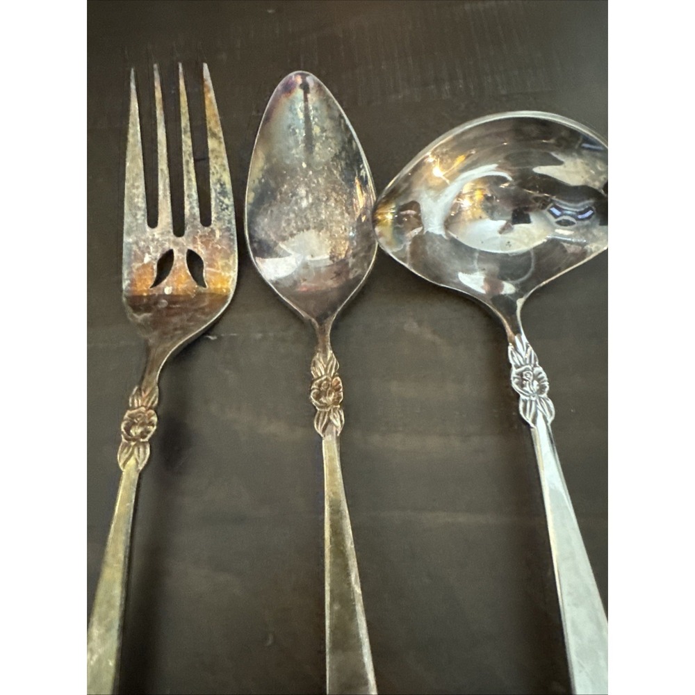 Ekco Inverness Silverplate Art Deco Mid Century Serving Spoon Fork Ladle-3 Pcs